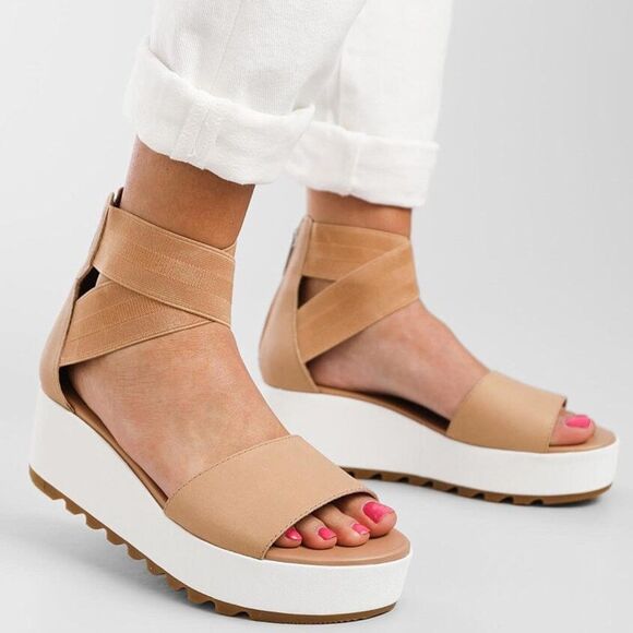 Sorel Sandals Size 8 Tan Wedge Heel Platform Cross Ankle Strap Open Toe Cameron - Picture 1 of 12